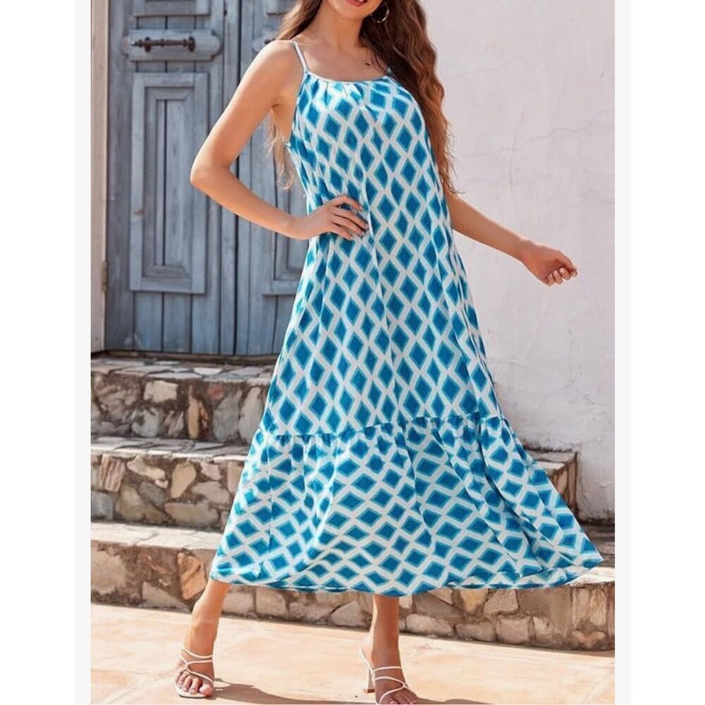 NEW Spaghetti Strap Scoop Neck Smocked Ruffle Flowy Maxi Dress S - Picture 6 of 6